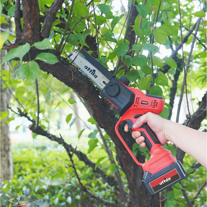 Immagine ambientata dei particolari del pruner da potatura a batteria Attila ATP 21.2 LI